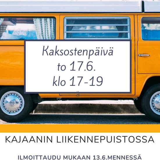 Kuvassa keltainen linja-auto, jonka päällä on teksti: Kaksostenpäivä to 17.6. klo 17-19, Kajaanin liikennepuistossa. Ilmoittaudu mukaan 13.6. mennessä