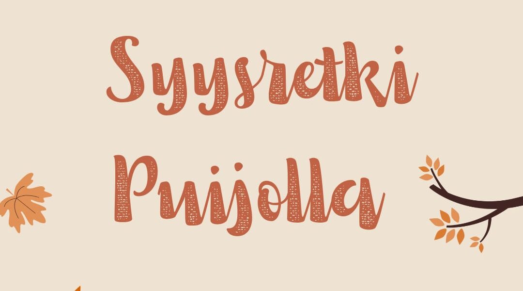 Piirrettyjä puista tippuvia syksyn lehtiä, sieni ja siili lehtikasassa sekä teksti: "Syysretki Puijolla".