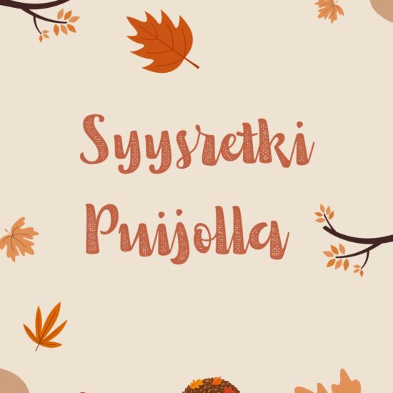 Piirrettyjä puista tippuvia syksyn lehtiä, sieni ja siili lehtikasassa sekä teksti: "Syysretki Puijolla".