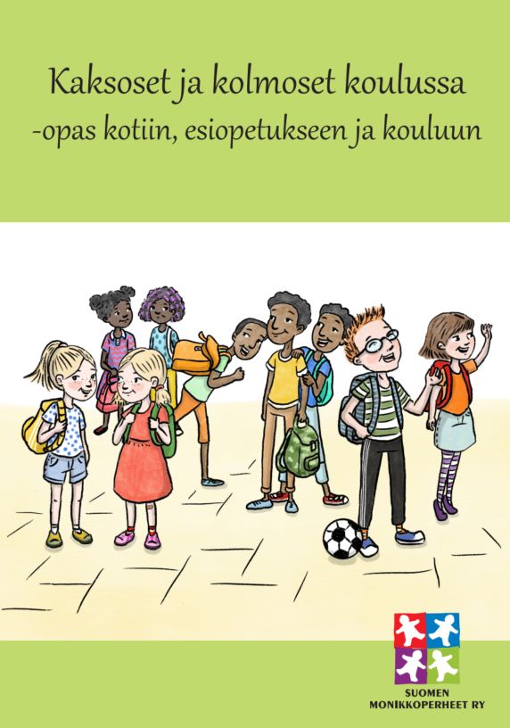 Kuvassa kouluoppaan kansikuva, jossa on piirroskuva lapsista koulun pihalla jalkapallon kanssa.