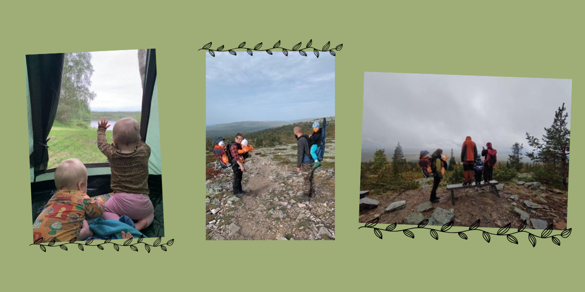 Kuvakollaasi, jossa kaksoset teltassa, vanhemmat vaellusreitillä, toisella kaksoset kantorinkoissa edessä ja takana ja toisella lapsi selkärinkassa ja perhekuva vaellusmaisemaa ihaillen.
