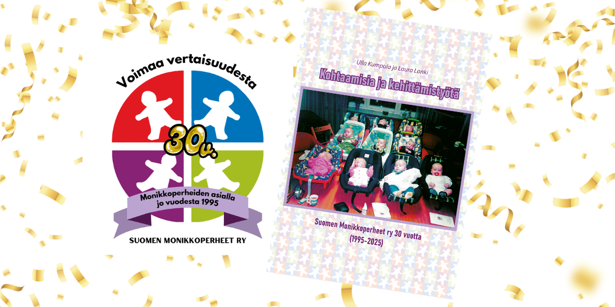 Kuvassa on Suomen Monikkoperheet ry:n 30-vuotislogo ja "Voimaa vertaisuudesta" slogan vasemmalla, ja oikealla historiikkikirjan kansi, jossa on useita vauvoja turvakaukaloissa. Taustalla kultaisia konfetteja.