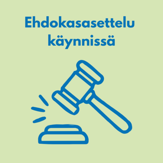 Piirroskuva kokousnuijasta ja teksti Ehdokasasettelu käynnissä.