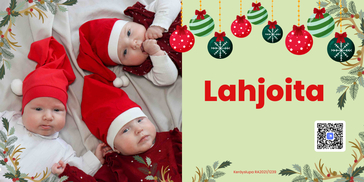 Kolmosvauvat pötköttävät selällään peiton päällä tonttulakit päässä.