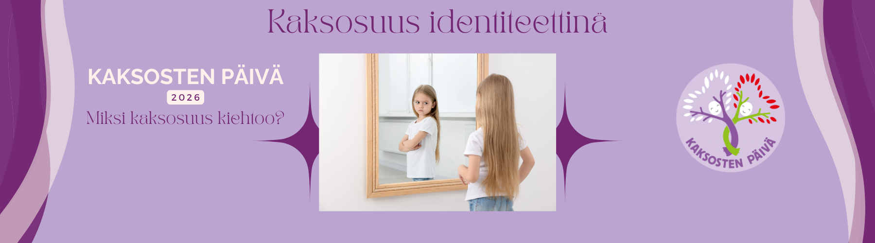 Kaksosten päivä 2026, Kaksosuus identiteettinä, kuvassa tyttö katsoo peilikuvaansa.