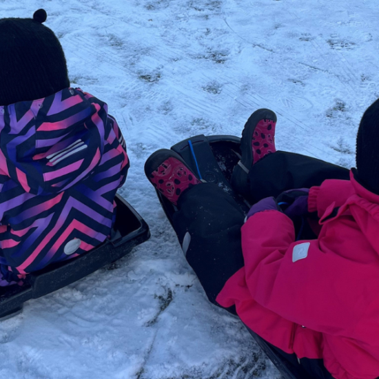 kaksi lasta istuu omissa pulkissaan talvivaatteissa lumisen pulkkamäen harjanteella odottamassa laskua.