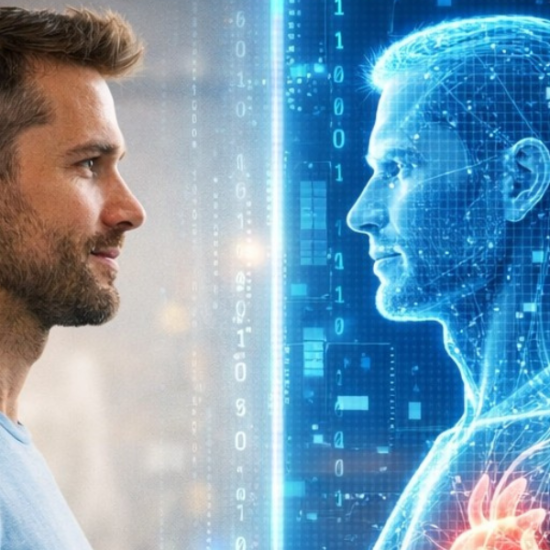 mieshahmo tuijottaa digitaalista peilikuvaansa. tekoälyllä tehty kuva digitaalinen kaksonen.