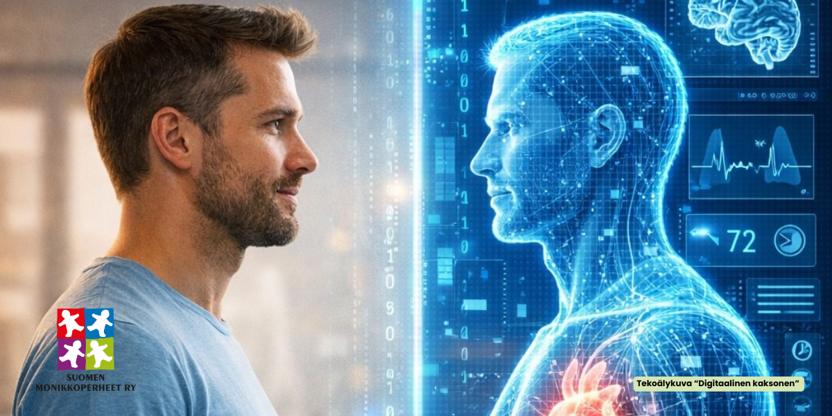 mieshahmo tuijottaa digitaalista peilikuvaansa. tekoälyllä tehty kuva digitaalinen kaksonen.