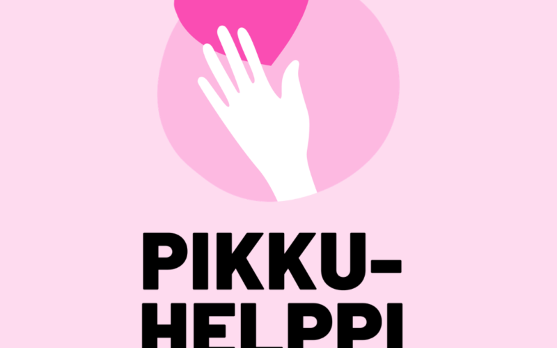 Pikkuhelppilogo, jossa käsi kurkottaa pinkkiä sydänkuviota kohti.