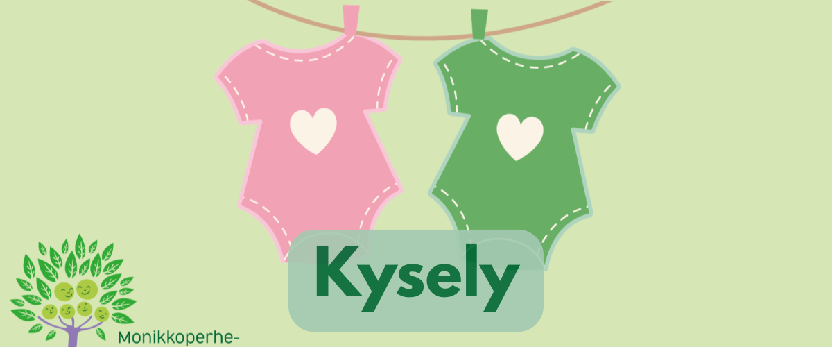 piirroskuva pinkistä ja vihreästä potkupuvusta, joissa sydänkuvio keskellä. Teksti kysely.