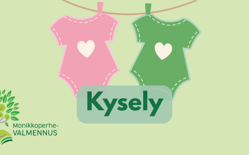 piirroskuva pinkistä ja vihreästä potkupuvusta, joissa sydänkuvio keskellä. Teksti kysely.