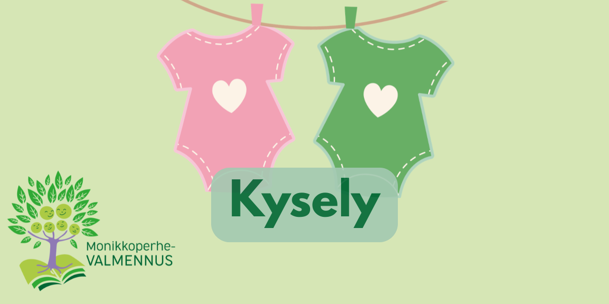 piirroskuva pinkistä ja vihreästä potkupuvusta, joissa sydänkuvio keskellä. Teksti kysely.